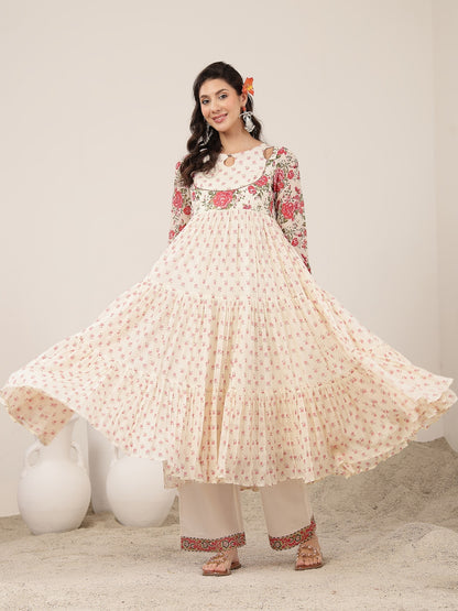 Flared Malmal Printed Kurta Set With Dupatta