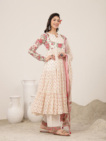 Flared Malmal Printed Kurta Set With Dupatta