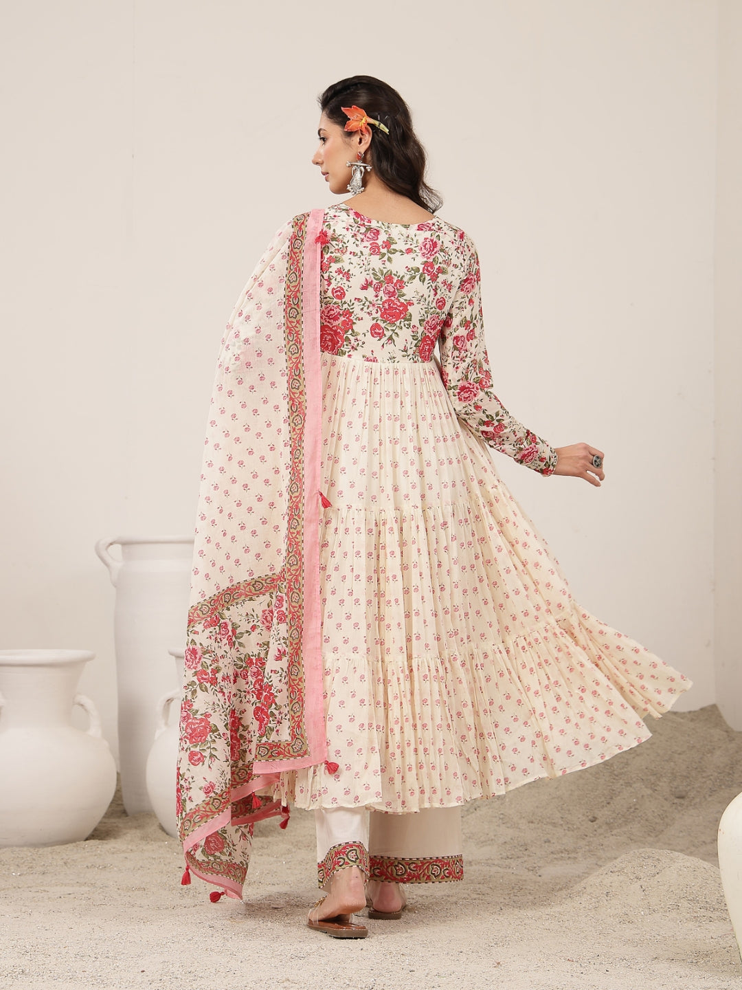 Flared Malmal Printed Kurta Set With Dupatta