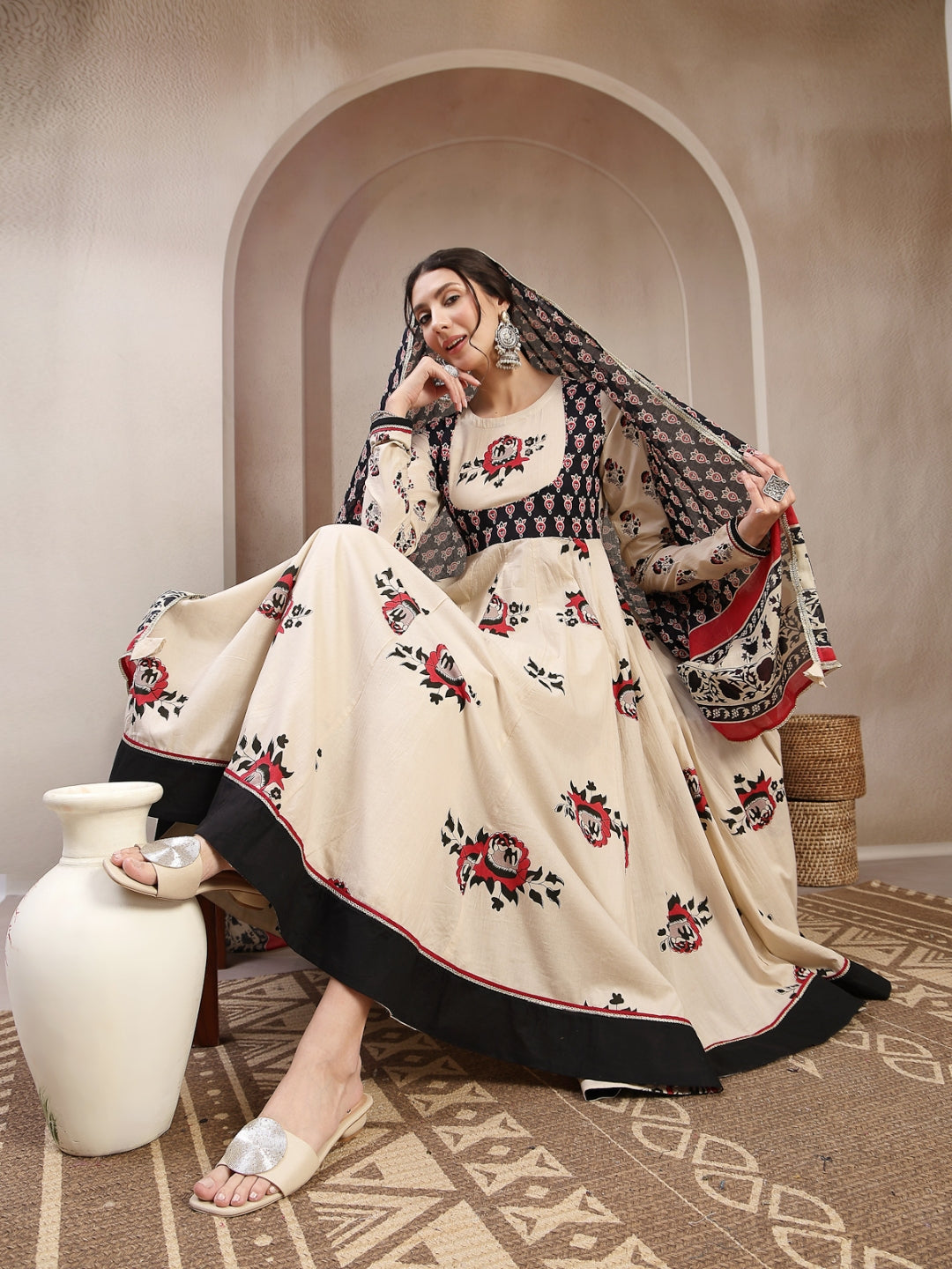 Flared Cotton Printed Kurta Set With Dupatta