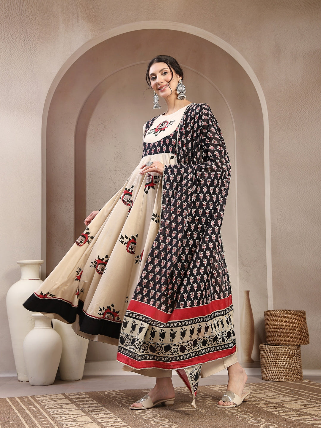 Flared Cotton Printed Kurta Set With Dupatta