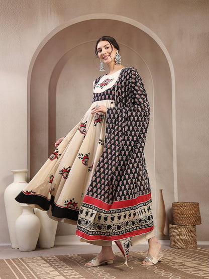 Flared Cotton Printed Kurta Set With Dupatta