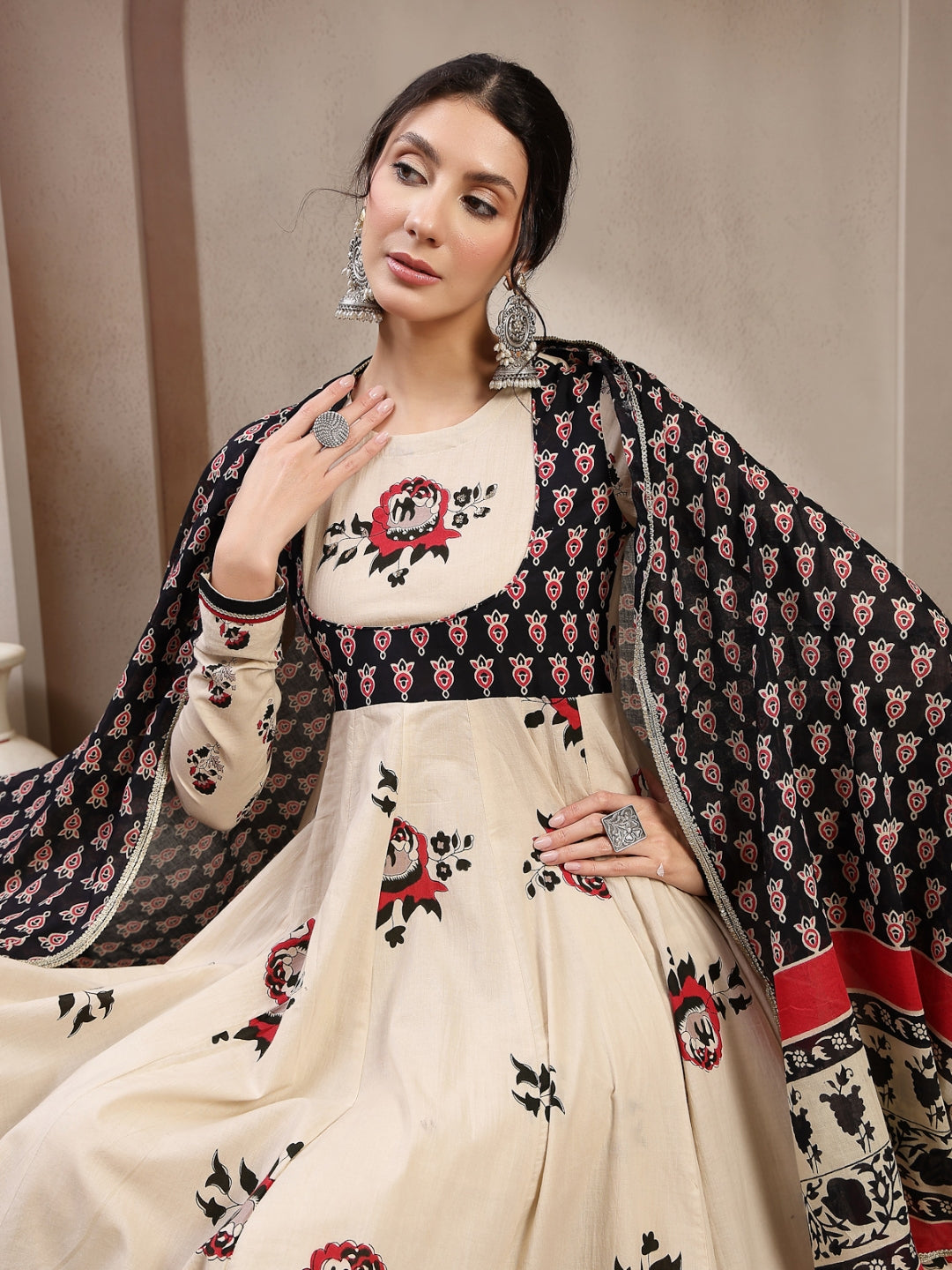 Flared Cotton Printed Kurta Set With Dupatta