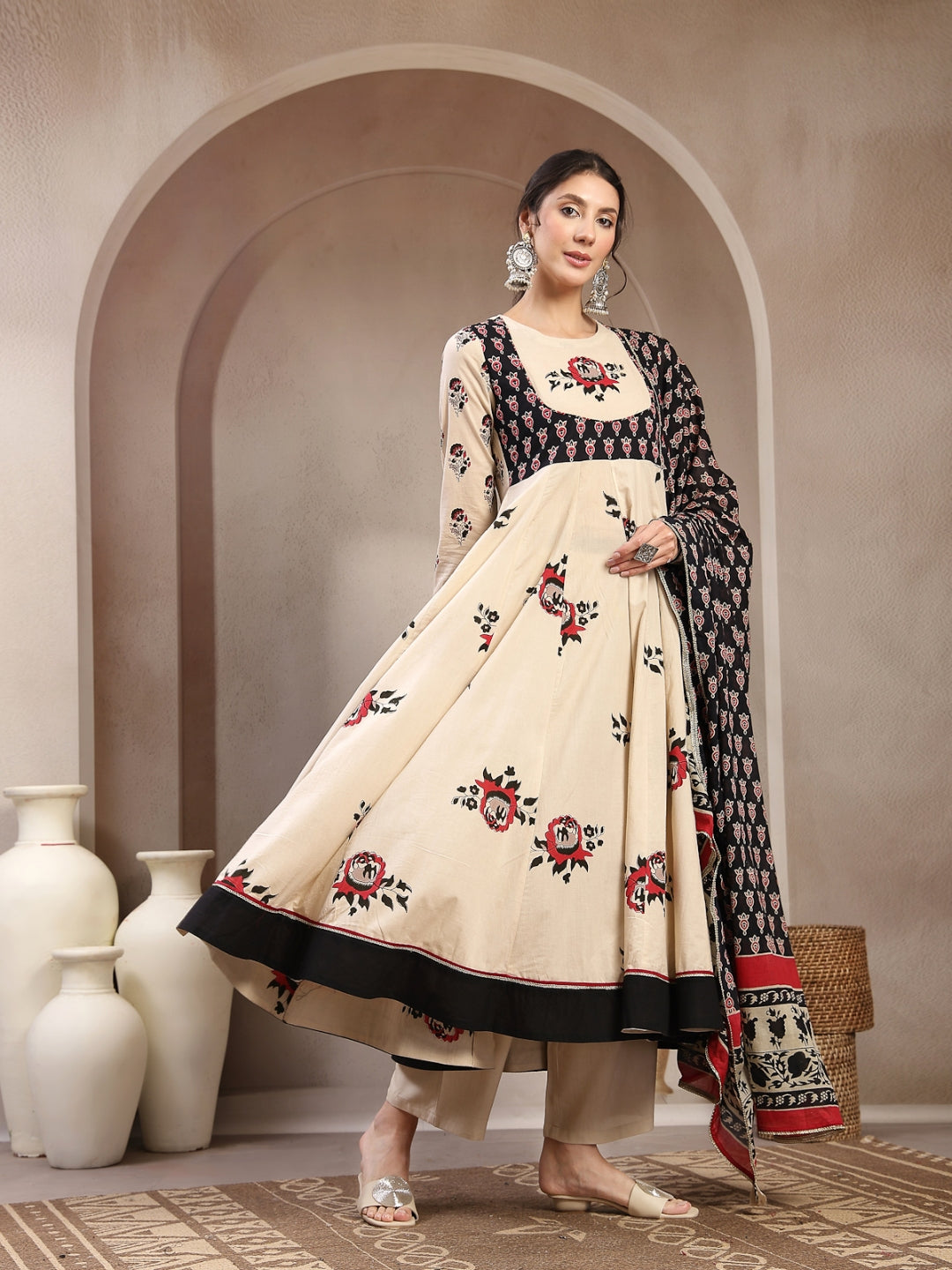 Flared Cotton Printed Kurta Set With Dupatta