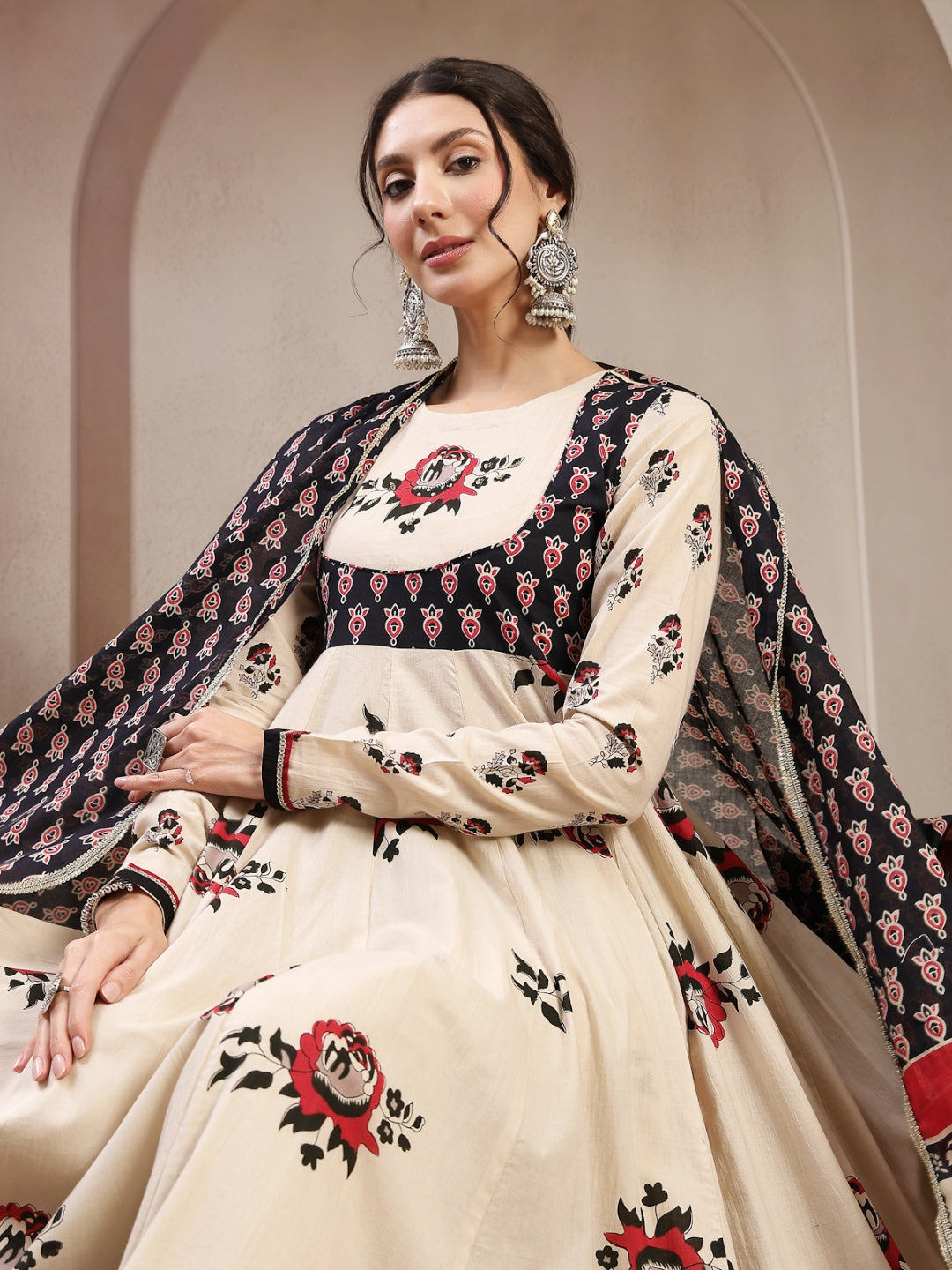 Flared Cotton Printed Kurta Set With Dupatta