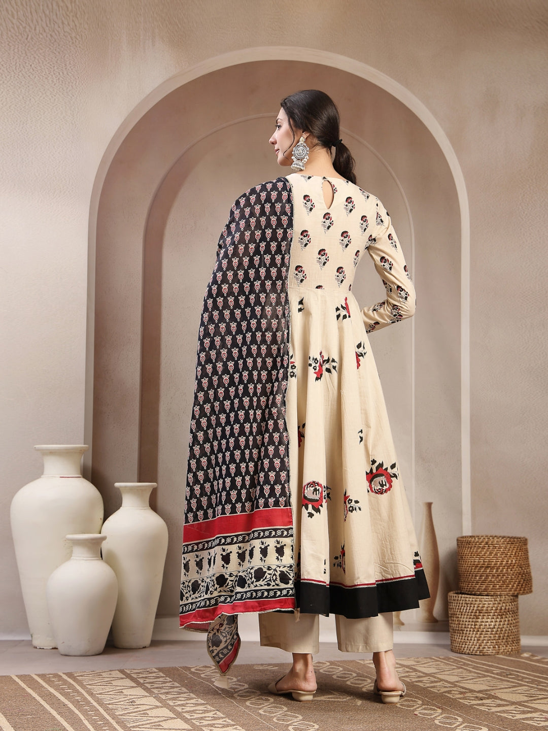 Flared Cotton Printed Kurta Set With Dupatta