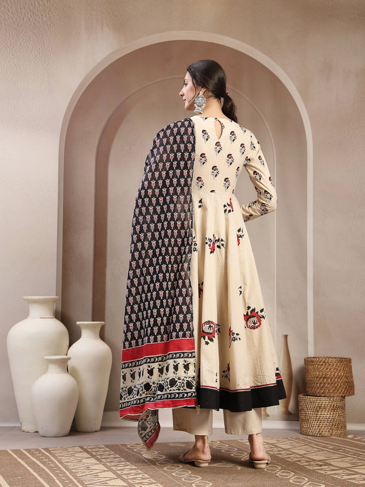 Flared Cotton Printed Kurta Set With Dupatta