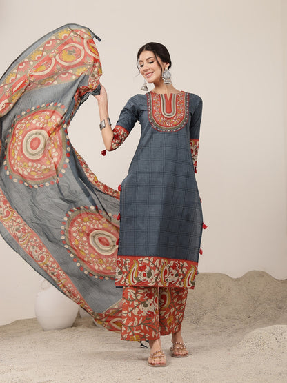 Straight Cotton Printed Kurta Set With Dupatta