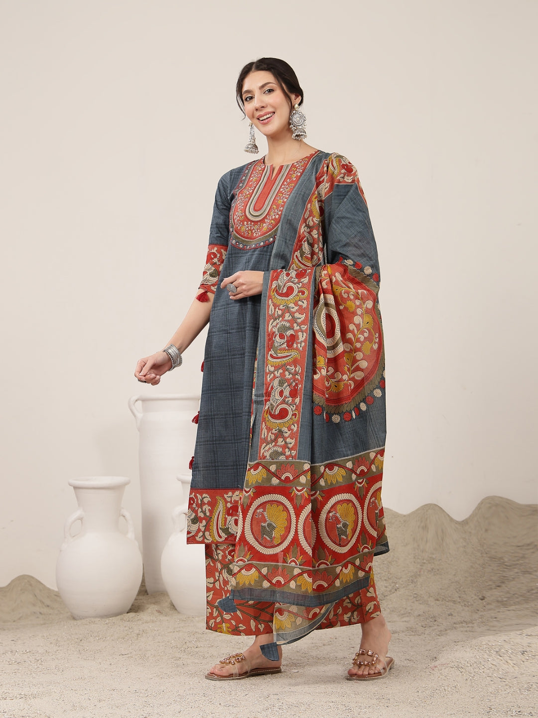Straight Cotton Printed Kurta Set With Dupatta