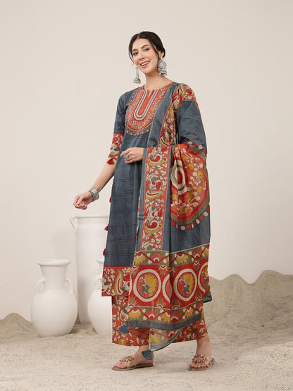 Straight Cotton Printed Kurta Set With Dupatta