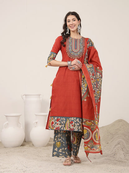 Straight Cotton Printed Kurta Set With Dupatta