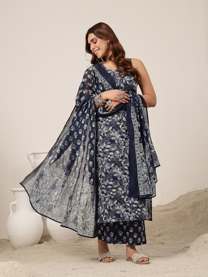 Straight Cotton Printed Kurta Set With Dupatta