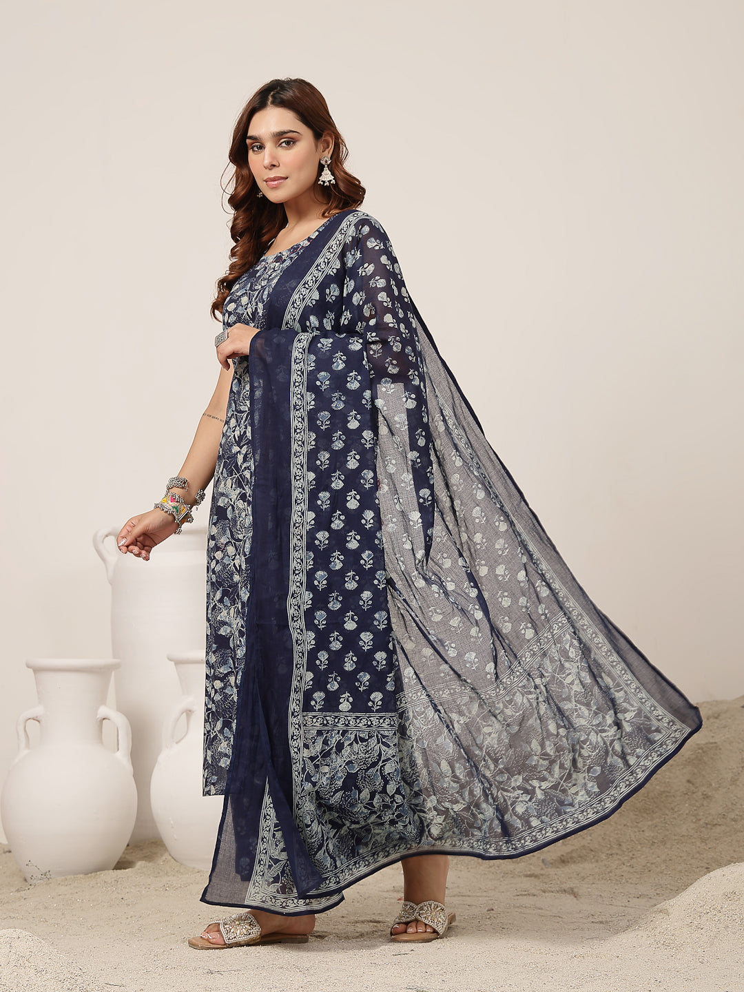 Straight Cotton Printed Kurta Set With Dupatta