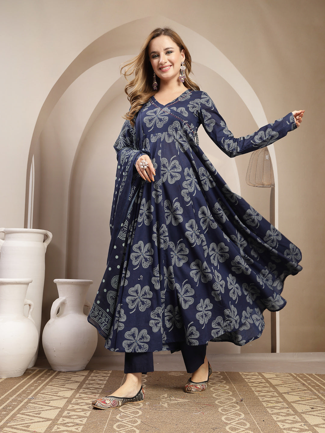 Flared Cotton Printed Kurta Set With Dupatta