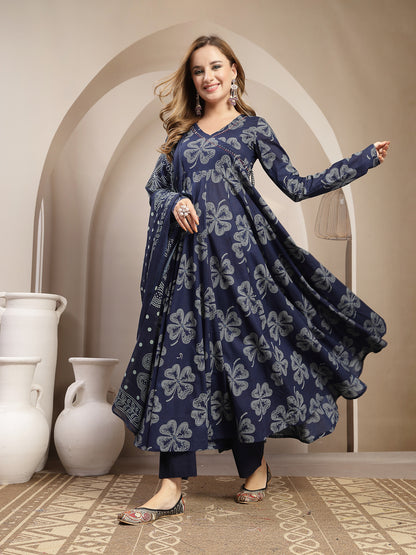 Flared Cotton Printed Kurta Set With Dupatta