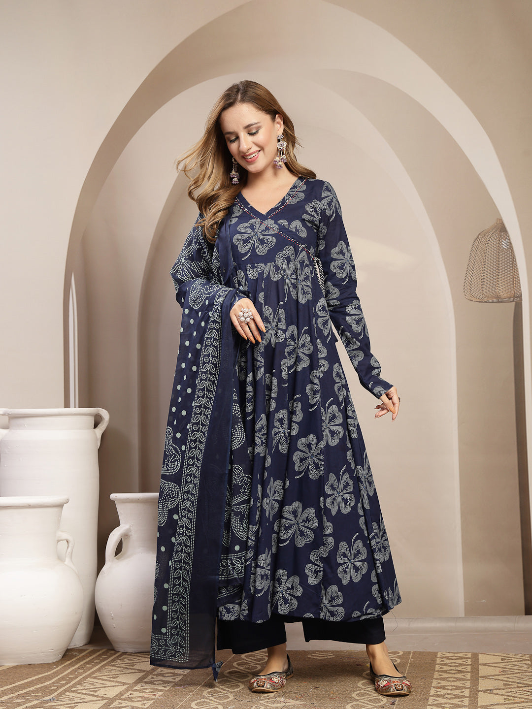 Flared Cotton Printed Kurta Set With Dupatta