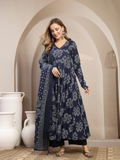 Flared Cotton Printed Kurta Set With Dupatta