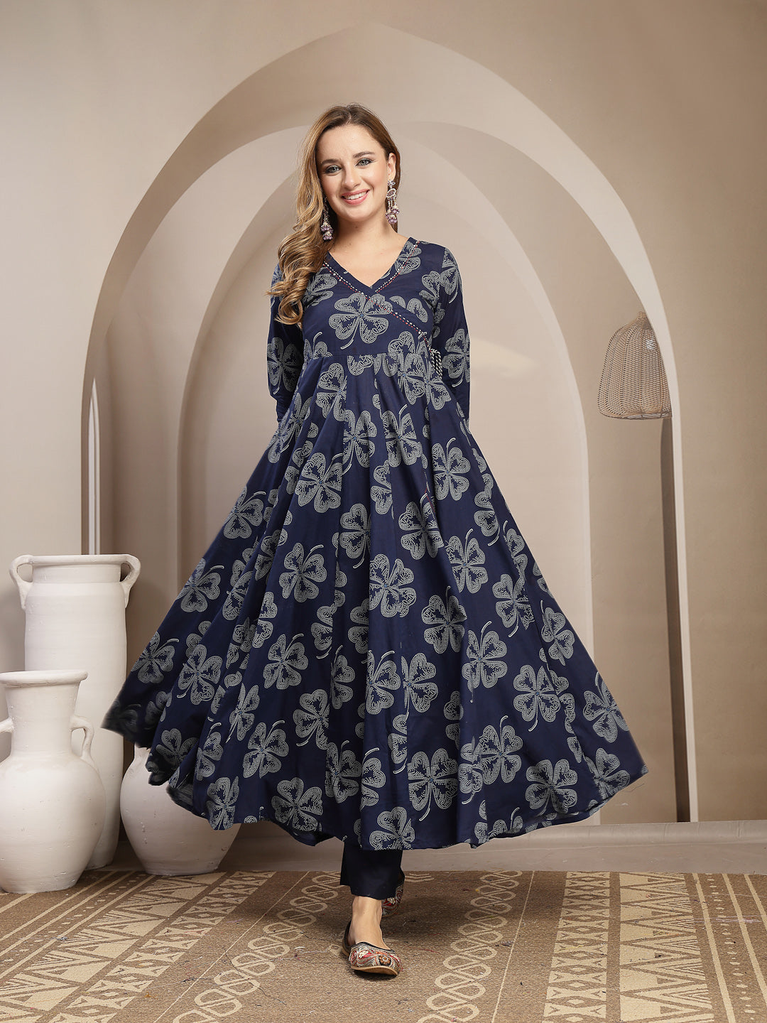 Flared Cotton Printed Kurta Set With Dupatta