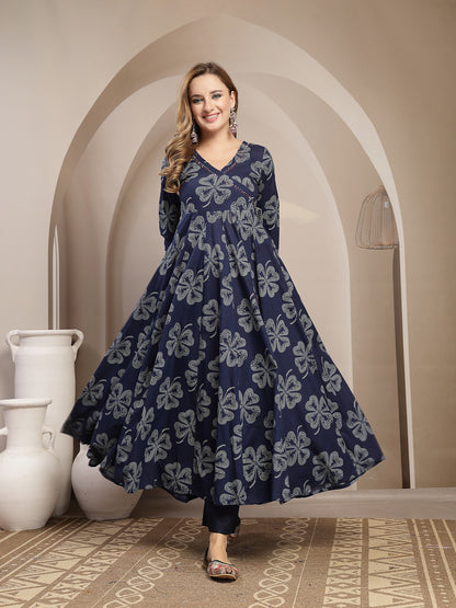 Flared Cotton Printed Kurta Set With Dupatta