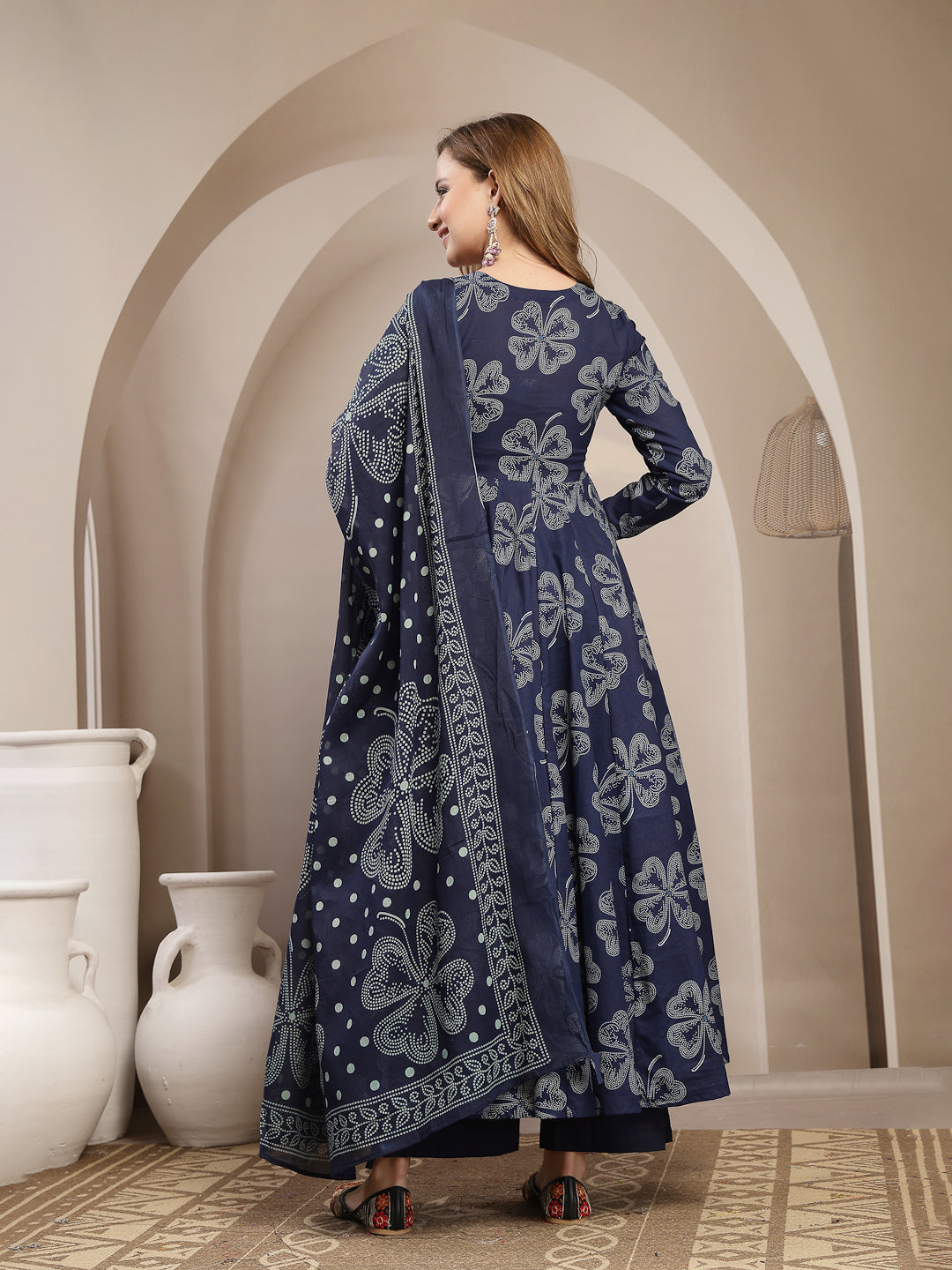 Flared Cotton Printed Kurta Set With Dupatta