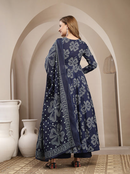 Flared Cotton Printed Kurta Set With Dupatta