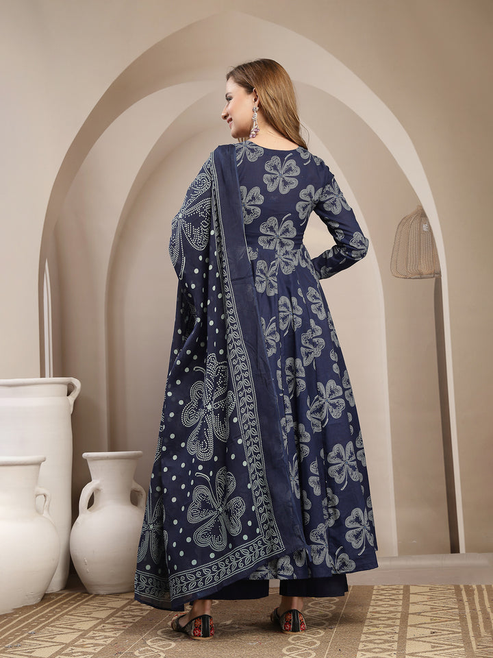 Flared Cotton Printed Kurta Set With Dupatta
