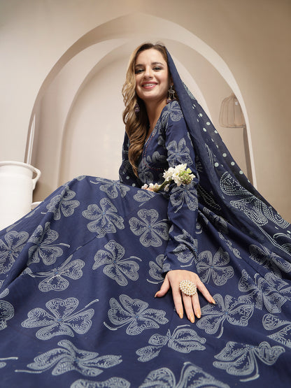 Flared Cotton Printed Kurta Set With Dupatta