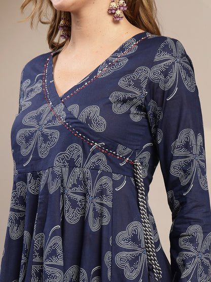 Flared Cotton Printed Kurta Set With Dupatta