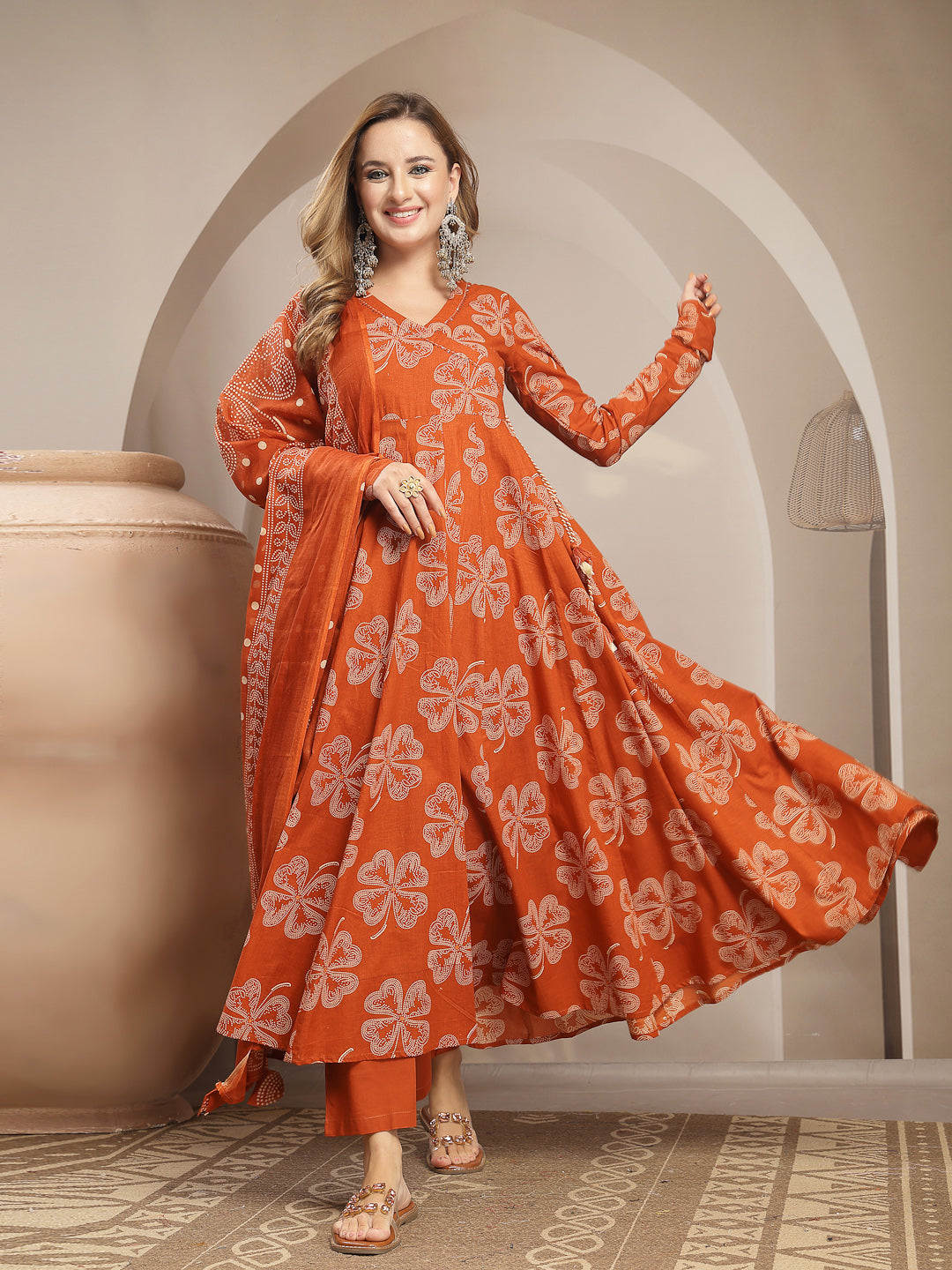 Flared Cotton Printed Kurta Set With Dupatta