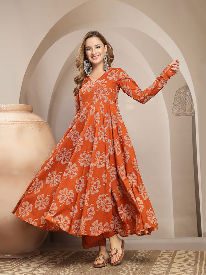 Flared Cotton Printed Kurta Set With Dupatta