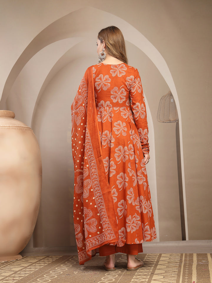 Flared Cotton Printed Kurta Set With Dupatta