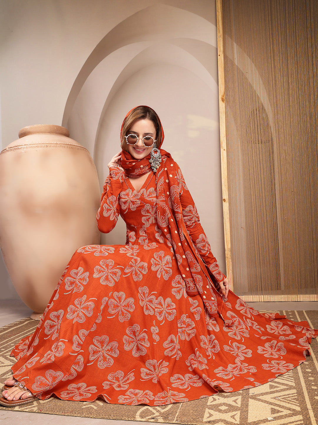 Flared Cotton Printed Kurta Set With Dupatta