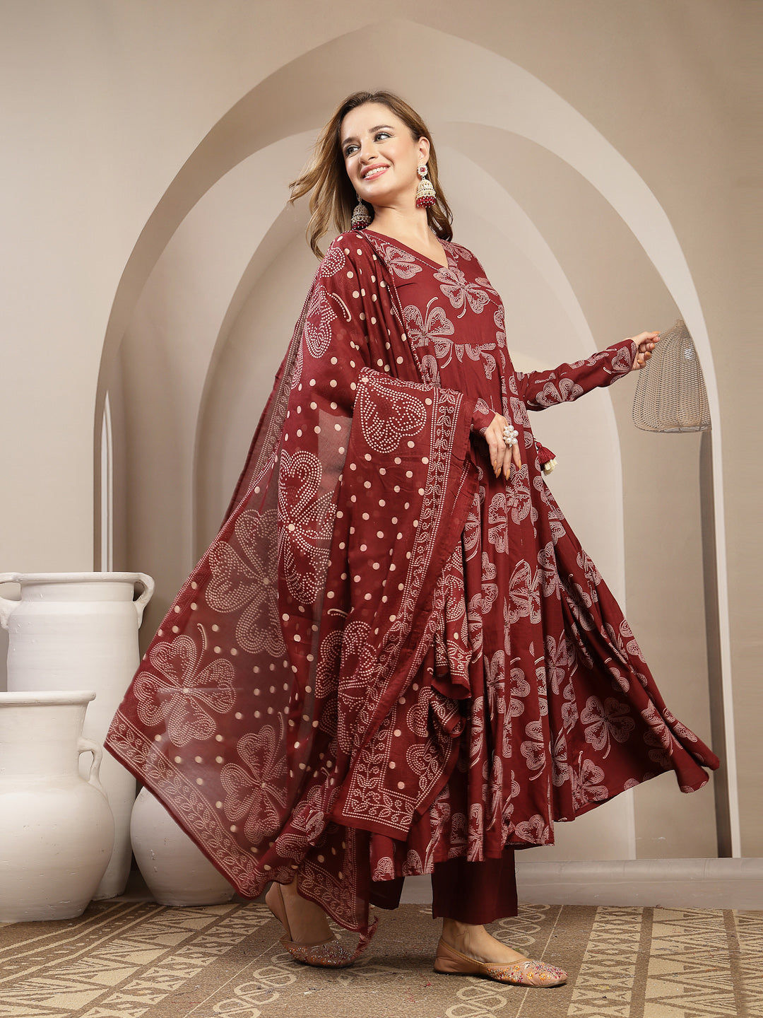 Flared Cotton Printed Kurta Set With Dupatta