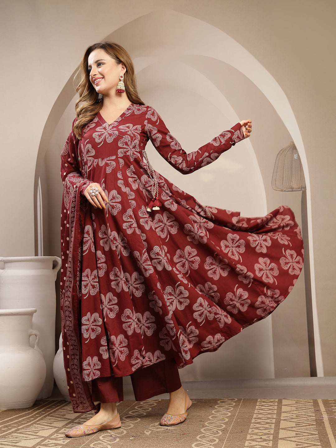 Flared Cotton Printed Kurta Set With Dupatta