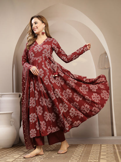 Flared Cotton Printed Kurta Set With Dupatta