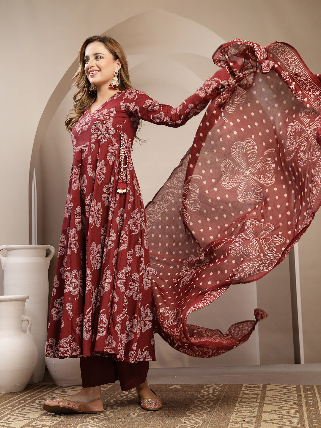 Flared Cotton Printed Kurta Set With Dupatta
