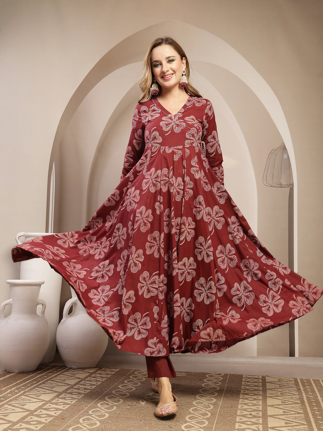 Flared Cotton Printed Kurta Set With Dupatta