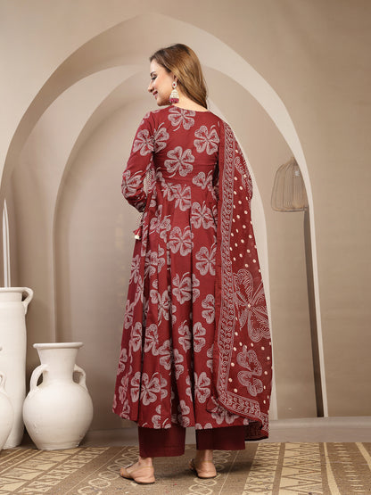 Flared Cotton Printed Kurta Set With Dupatta
