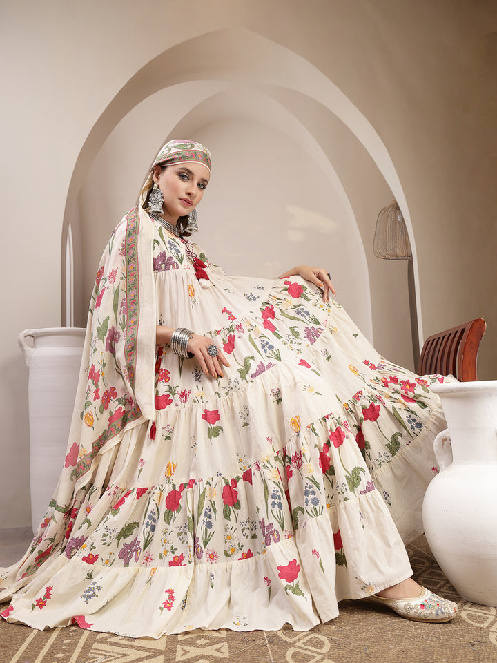 Anarkali Cotton Printed Kurta Set With Dupatta
