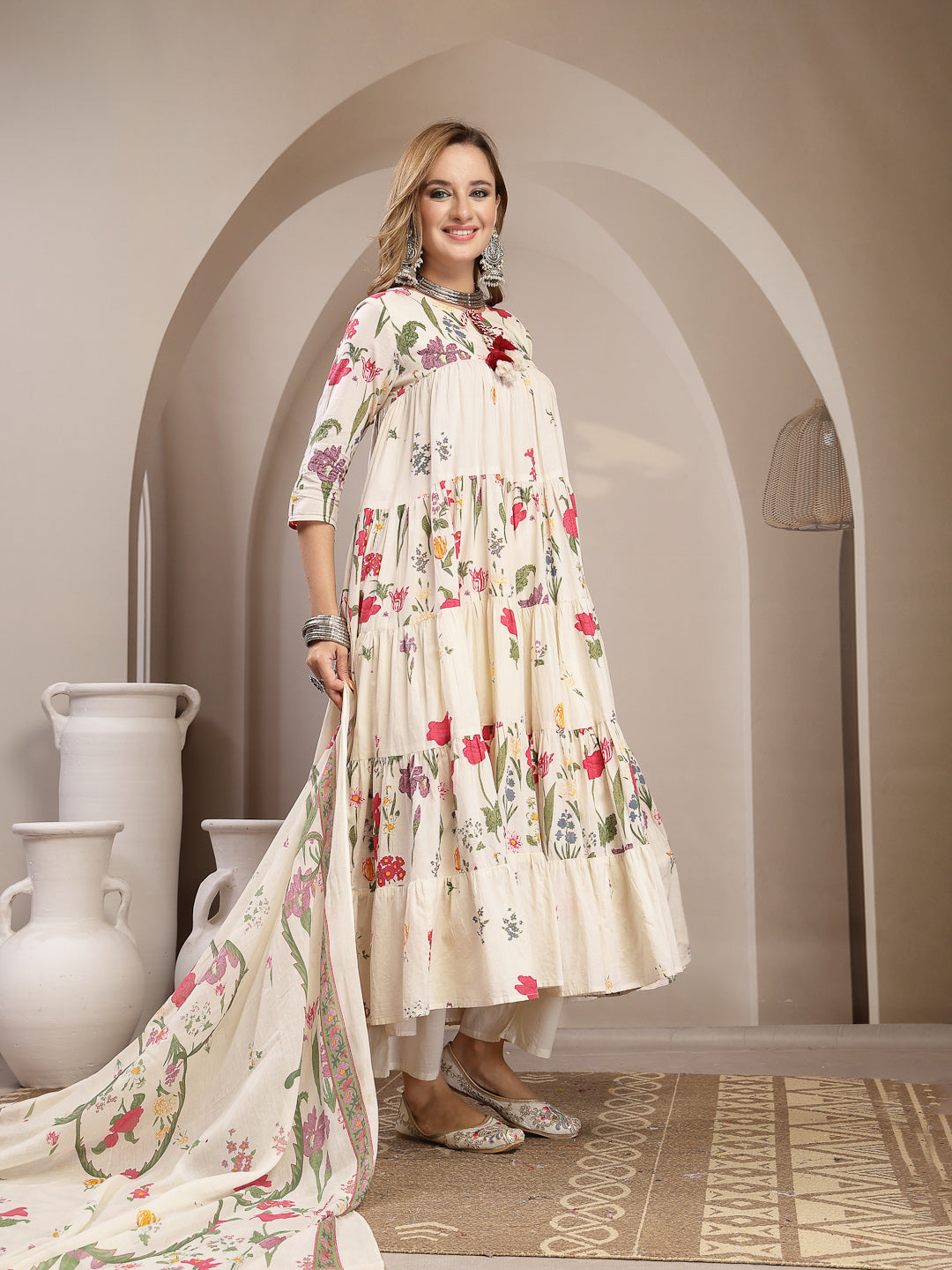 Anarkali Cotton Printed Kurta Set With Dupatta