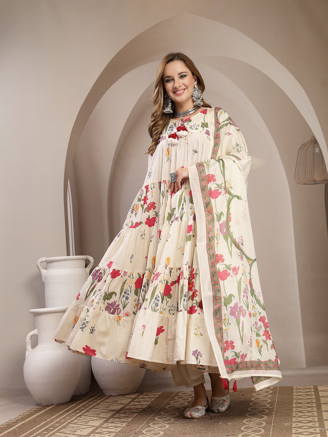 Anarkali Cotton Printed Kurta Set With Dupatta