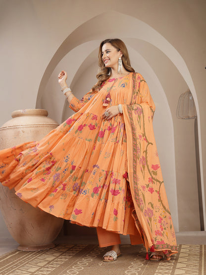 Anarkali Cotton Printed Kurta Set With Dupatta