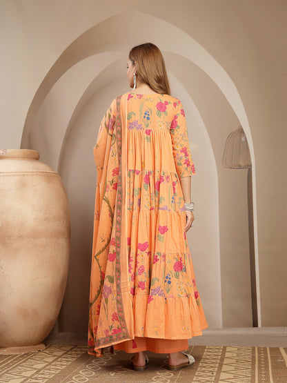 Anarkali Cotton Printed Kurta Set With Dupatta