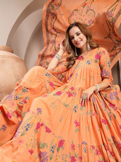 Anarkali Cotton Printed Kurta Set With Dupatta