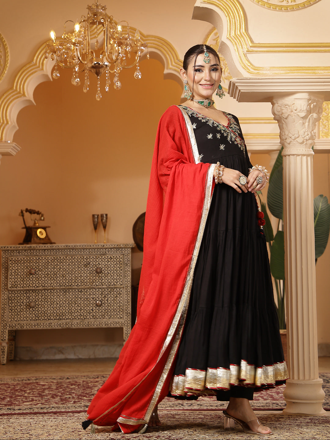 Malmal Calf Length Solid 3/4 Sleeve V-Neck Anarkali Kurta Suit Set