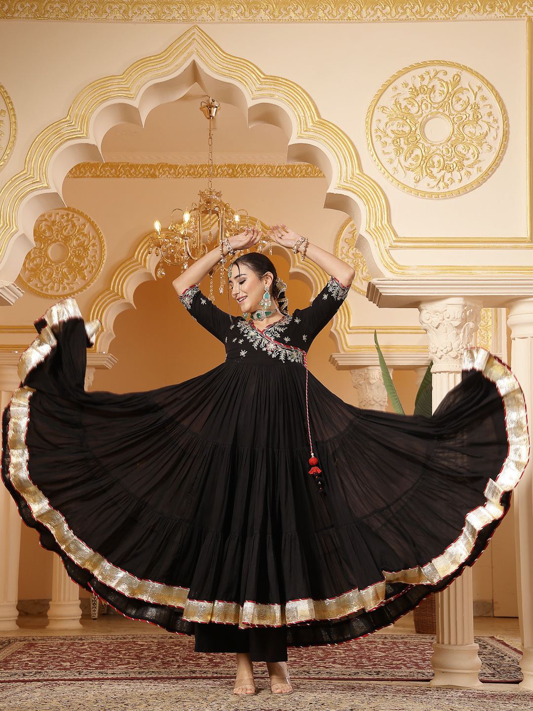 Malmal Calf Length Solid 3/4 Sleeve V-Neck Anarkali Kurta Suit Set