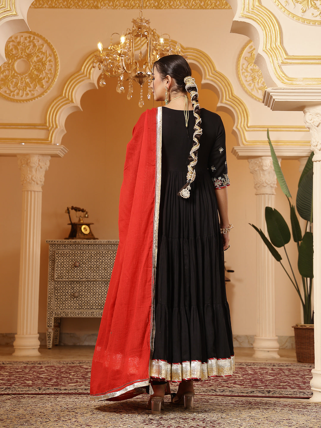 Malmal Calf Length Solid 3/4 Sleeve V-Neck Anarkali Kurta Suit Set