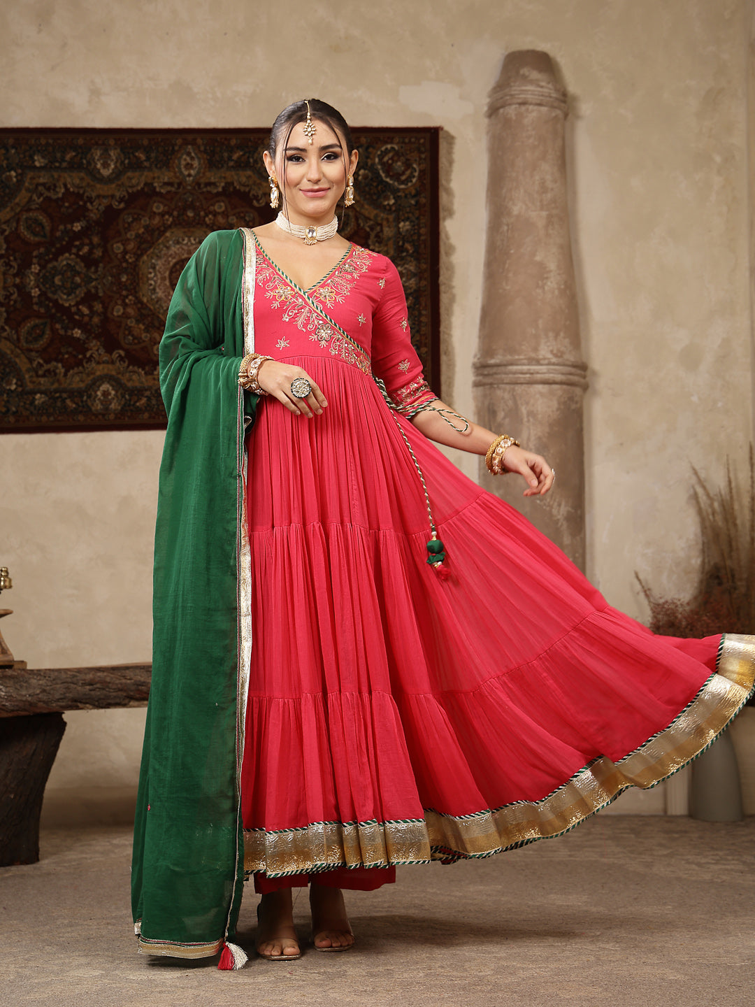Malmal Calf Length Solid 3/4 Sleeve V-Neck Anarkali Kurta Suit Set