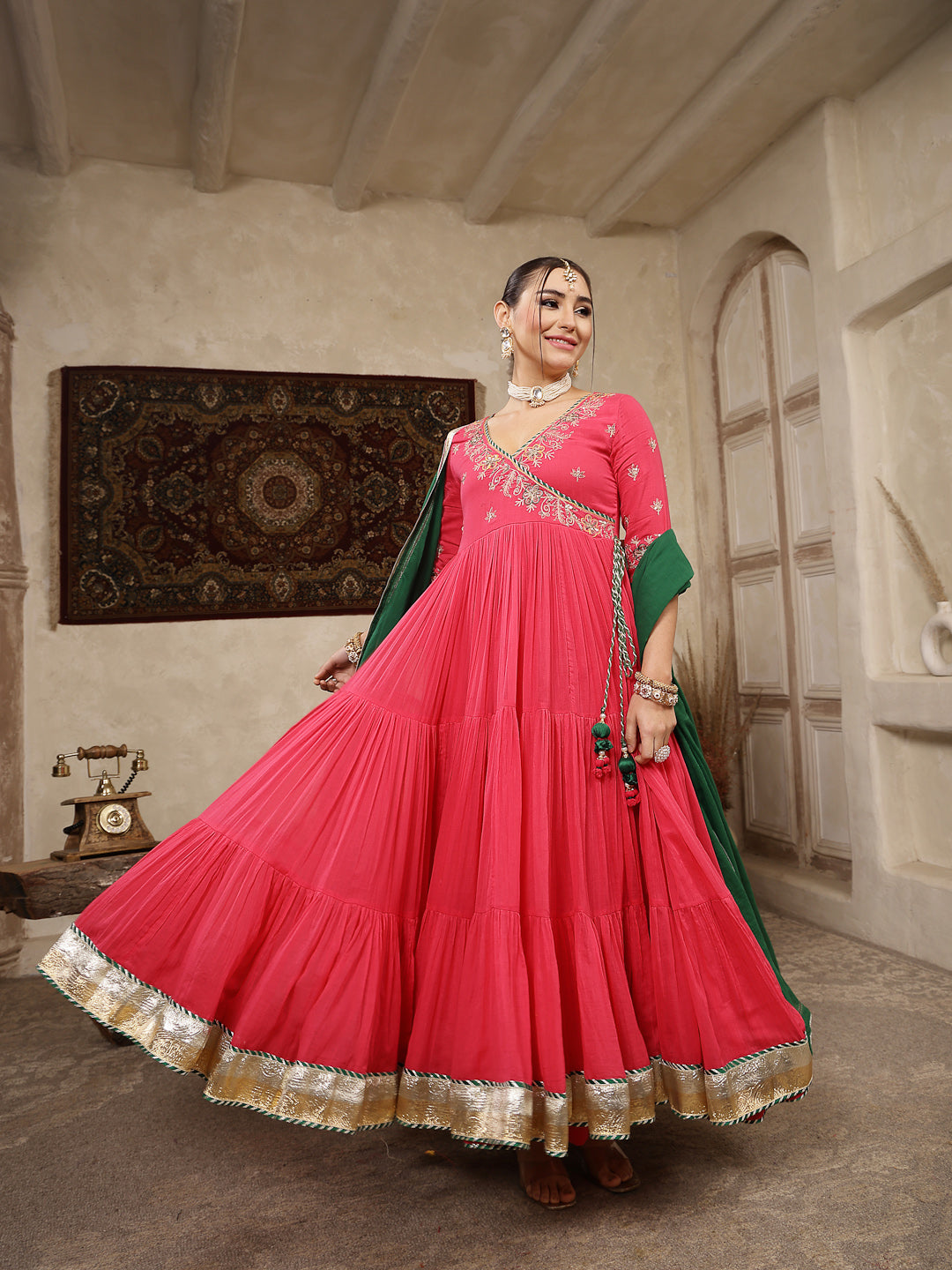 Malmal Calf Length Solid 3/4 Sleeve V-Neck Anarkali Kurta Suit Set