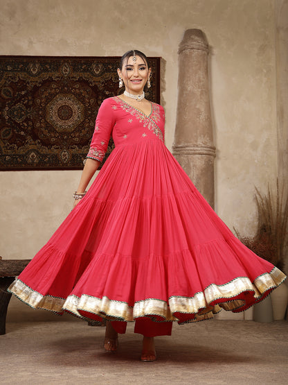 Malmal Calf Length Solid 3/4 Sleeve V-Neck Anarkali Kurta Suit Set